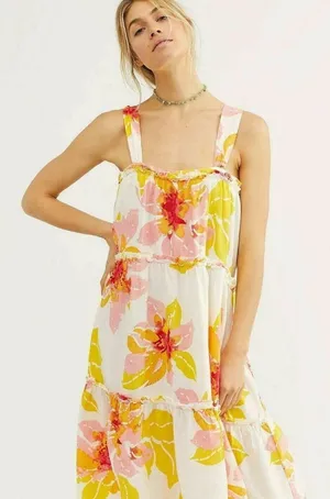 Free People size small floral tropical White Tiered Sundress Pink Yellow Print thumbnail 1