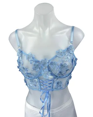 Blue Floral Lace Sleeveless Sheer Cami Camisole Crop Corset Lingerie Tank Top M thumbnail 1