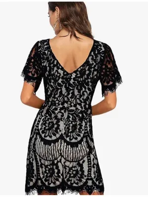 MSLG Elegant Floral‎ Lace Cocktail Dress Wedding Guest V-Back Black 2XL thumbnail 3