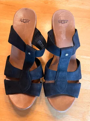 UGG Black Suede Studded Wood Block Heel Sandals thumbnail 3