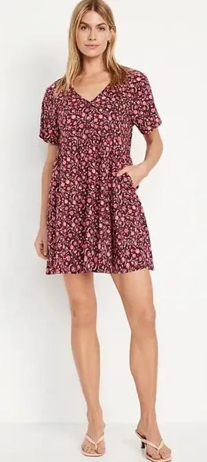Old Navy Floral Mini Dress Women’s Small Burgundy Pink V-Neck Pockets Boho thumbnail 1