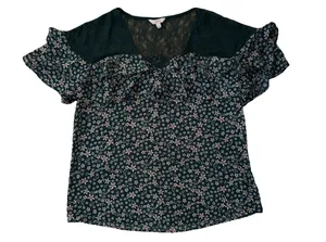Candie's Dark Green Floral Lace Yoke Blouse thumbnail 1