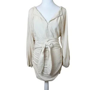Free People Mini Dress XS Cream Gauzy‎ Boho Peasant Ruched Buttons Neutral NWT thumbnail 5