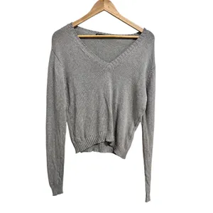 Brandy‎ Melville Gray V Neck Long Sleeve Cotton Sweater one size thumbnail 2