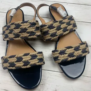 Tory Burch Lola Flat Sandals Jute Woven Nautical Summer Navy Coastal Resort Wear thumbnail 4
