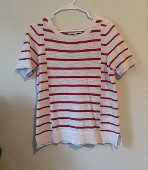LOFT White Short-Sleeve Knit Top with Red Stripes medium thumbnail 1