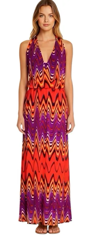 Bisou Bisou Dress Sz 12 Maxi Halter Chevron Bohemian Boho Retro Hipster Festival thumbnail 1