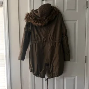 Abercrombie Military Green Brown Sherpa Fur Lined Hood Winter Parka Y2K Large thumbnail 7