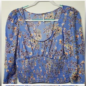 Free People Santiago Top Bluebell Combo Medium Floral Print Smocked Long Sleeve thumbnail 3