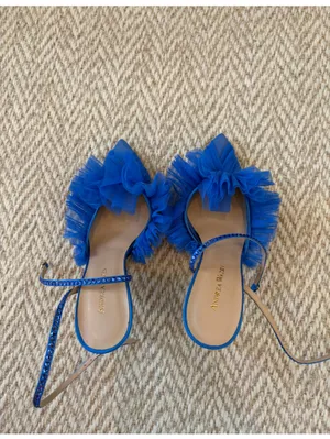 Like New! Andrea Wazen Blue Tulle Ruffle Ankle-Strap Stiletto Heels | Size 36.5 thumbnail 2