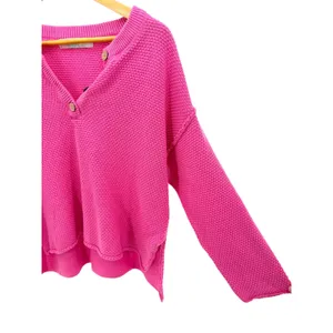 FP‎ Beach Free People Hot Pink Waffle Knit Hailee Henley Pullover Sweater XS thumbnail 4