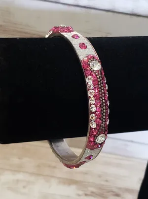 Vintage Bracelet / Bangle Pink & Silver Tone with Clear Gems thumbnail 2