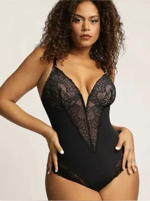 Plunge V Neck Shapewear Sculpting Thong Bodysuit L Black Lace Teddy Whimsigoth thumbnail 1