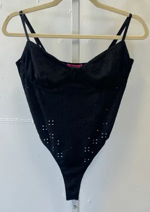 NWT Edikted Blogger Favorite Black Eyelet Underwire Bodysuit Large‎ Stretch thumbnail 1