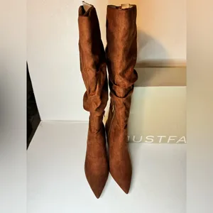 JustFab Fiona Slouched Heeled Boot Luggage casual classic comfy fall winter stylish thumbnail 9