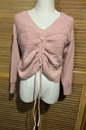 Full Circle Trends Pink Knit V-Neck Drawstring Front Long Sleeve Pullover thumbnail 1