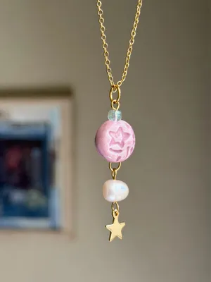 Handmade pink porcelain star coin bead boho retro whimsy fairy necklace⭐️🩷 thumbnail 2