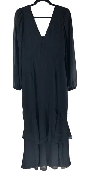 Lulus Tier Elegance Black Long Sleeve Tiered Maxi Dress Slit V Neck L thumbnail 1
