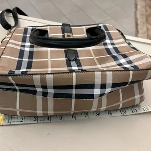Purse Plaid Satchel Handbag with Black Trim - Taupe Plaid Satchel thumbnail 3
