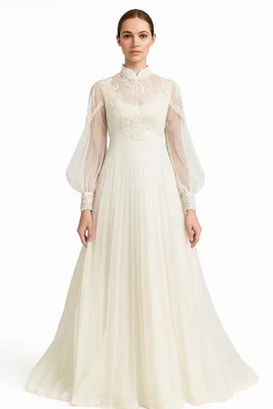 Vintage 1960s Lace Illusion High Neck Bridal Wedding Gown w/ Train XS thumbnail 1
