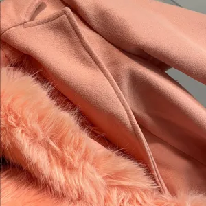 NEW - Dusty Peach Chic removable Faux Fur Collar Coat gold buttons belt pocket thumbnail 6
