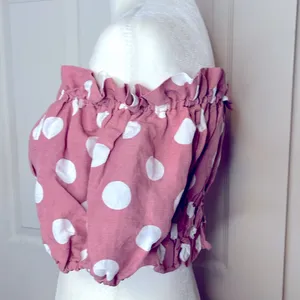 Zara Smocked Polka Dot Linen Crop Top Off-Shoulder Size Small thumbnail 4