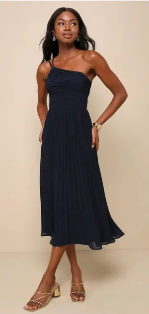 NWT Lulus Wondrous Muse Navy Blue Pleated One-Shoulder Midi Dress thumbnail 1