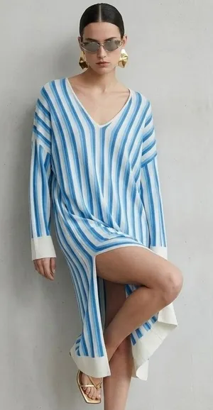 Zara Knit Dress Women's Medium Blue‎ White Vertical Stripe Linen Blend Maxi Slit thumbnail 1