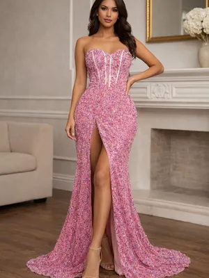 Strapless Pink Sequin Evening Gown with Front Slit Size 4 thumbnail 1