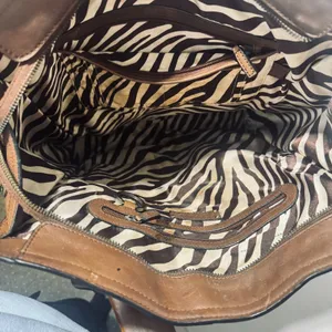 Kate Landry Brown Leather Tote Bag Whipstitch Zebra Print Western Boho thumbnail 6