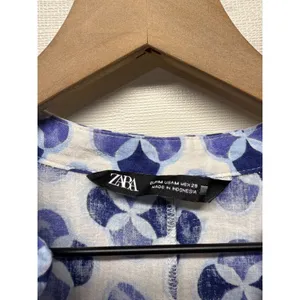 Zara Floral Linen Blend Shirt Dress Sz M Blue Geometric Artsy‎ Button Front Boho thumbnail 6