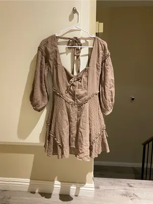 NWT free people boho Taupe Peasant Mini Dress with Puff Sleeves, size Xs thumbnail 3