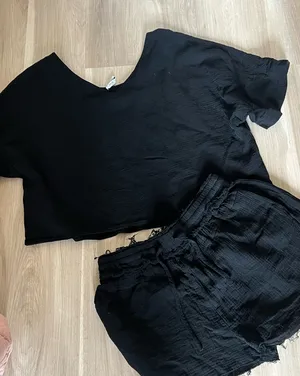 Black All Cotton Black Crop Top and Shorts for Women Size XL thumbnail 1