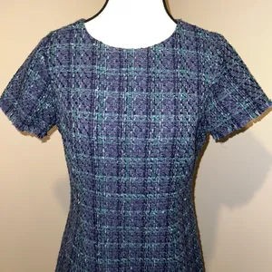 Sail to Sable Tweed Short Sleeve Shift Dress Tiered Hem Navy Blue/Green Size 6 thumbnail 4
