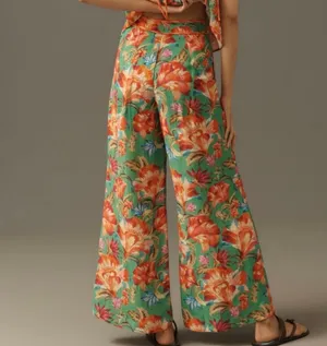 Farm Rio Tie-Front Linen Blend Floral Wide-Leg Pants, Size S thumbnail 3