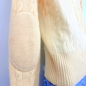 Vince 100% Cashmere Cable Knit Sweater XS Ivory Cream Elbow Patch Made USA thumbnail 6