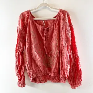 Free People Maria Long Sleeve Cotton Tie Neck Embroidered Blouse Coral Red M thumbnail 2