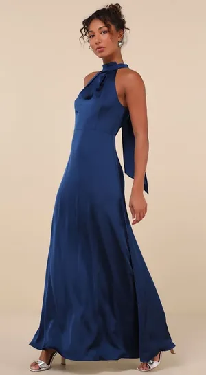 NWT Lulus Regal Loveliness Blue Satin Pleated Mock Neck Maxi Dress Bridesmaid XS thumbnail 1