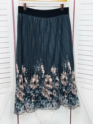 Metrowear Pleated Floral Boarder Sheer Midi‎ Skirt Steel Blue Peach Large thumbnail 7