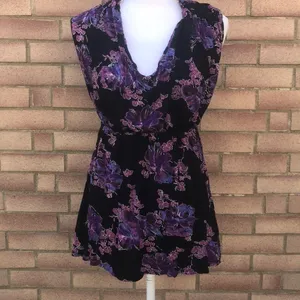 Free People Mini Dress S/P Black Purple Floral Cowl Neck Sleeveless‎ Boho thumbnail 3