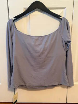 Halara Ribbed Knit Off Shoulder Long Sleeve 2-in-1 Casual Top in Dusty Blue thumbnail 3