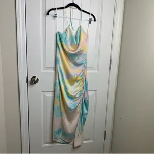 Zara pastel tie dye satin rainbow‎ ruched ruched midi dress blogger size XS thumbnail 5