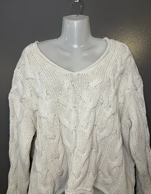 Zara Sweater Womens Small White Cable Knit V Neck Oversized Chunky Pullover thumbnail 1