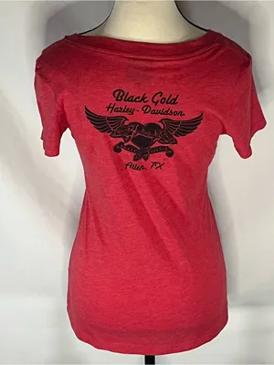 Harley Davidson Black Gold Allen TX Flame Script Women’s V-Neck Shirt Medium thumbnail 4