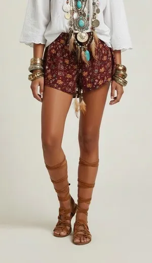 Boho Floral Print High Waist Shorts L Festival Western Hippie thumbnail 1