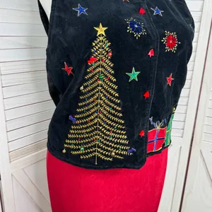 Vintage 90s DressBarn Velvet Embroidered‎ Christmas Button Up Vest Top Black XL thumbnail 6