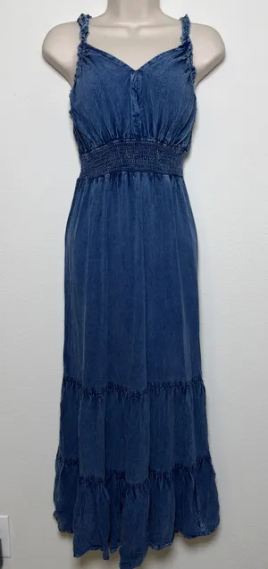 Lapogee Women Babydoll Maxi Denim Dress XL Tiered Boho Fairy Grunge Indie Sleaze thumbnail 1
