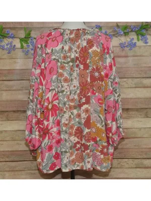 Entro Floral Blouse Womens Large 100% Rayon Boho Peasant V Neck Retro Mums thumbnail 8