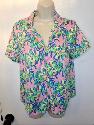 Lauren James LJ Size M Pink Tropical Floral Short Sleeve Pajama Top Sleep Shirt thumbnail 3