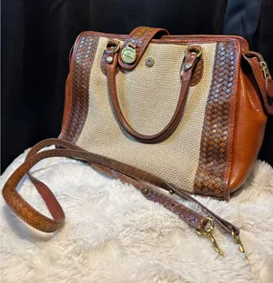 Vintage Brahmin Straw Leather Tote Bag Cognac Woven Trim Nautical Medallion thumbnail 1